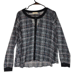 Elodie Long Sleeve Blouse Top L Women Plaid Black White Red Blue Sheer‎ Office